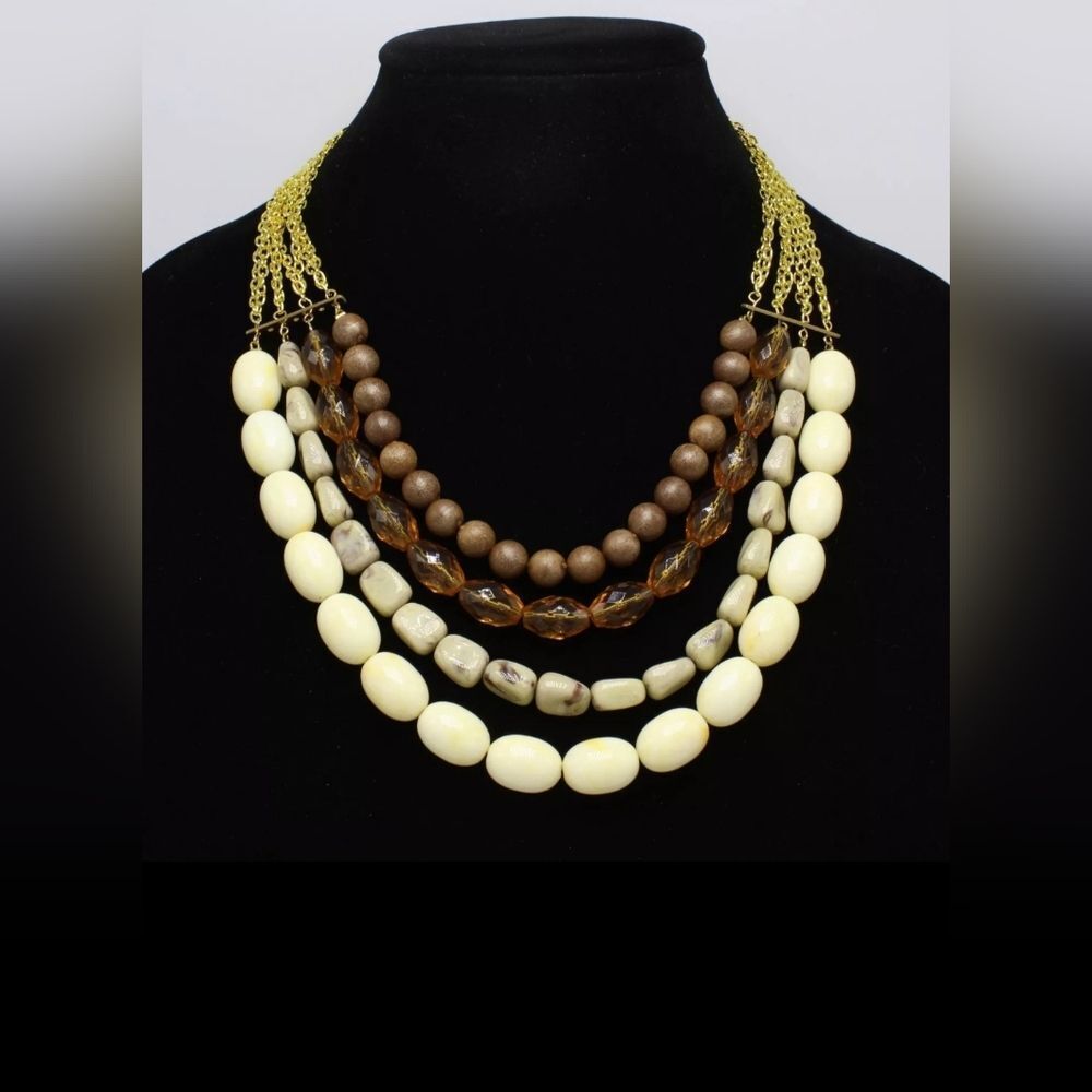 Multi-Layered Brown and Cream Beaded Necklace NIP 19"